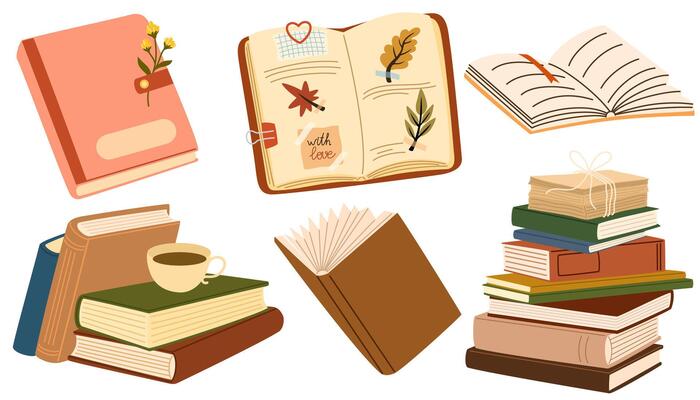 Pile of books, cup of tea cartoon set. Opened and closed books for reading, herbarium. Education, knowledge, study concept. Cozy autumnal reading. Flat illustration isolated