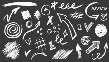 Arrows line chalk hand drawn brush set. Grunge hand drawn crayon Freehand different curved arrows, swirls, crosses, circles and check marks hand drawn sketch design. illustration. vector