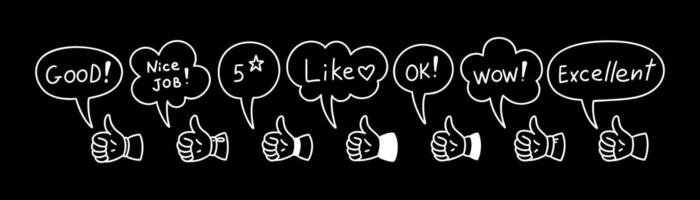 Thumb up doodle blackboard. Crayon scribble. Restaurant, cafe menu and chalkboard design element. Comic speech bubble set. Positive feedback. Like symbol vector