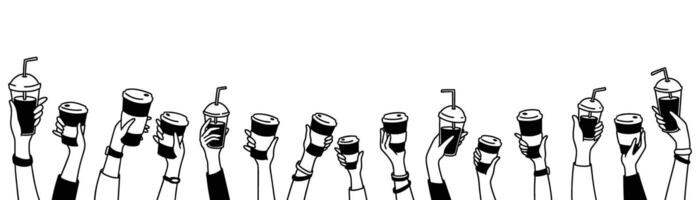 Doodle hands up with coffee. Crowd of people, men and children holding disposable glass and paper cups, mugs, cappuccino, latte, Frappuccino, espresso, matcha in their arms. Teamwork background vector