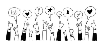 Hands up doodle background. Social media post like. Online messaging, subscribe, blogging, follower reaction, feedback. Crowd of happy people, satisfied customers, clients, business audience vector