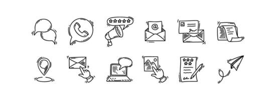 Contact us doodle icons set. Business communication sketch hand drawn illustration. Phone, messaging, fax, location, mail, client survey, review, subscription, follow social media vector