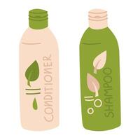 Cosmetics for hair care, highlighted on a white background. Shampoo, conditioner for washing hair, flat illustration. Flat bottles with the name and leaves. collection of steam to use. Green and beige vector