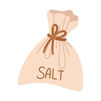 A bag with sea salt or a flat shape of a bag made of thick fabric with the inscription salt. A knotted burlap bag with large pieces of salt to warm up and spread the aroma when using aroma oils vector
