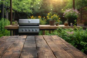 Rustic wooden table in a beautiful garden with a grill in the background photo