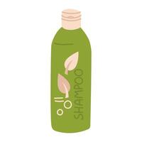 Cosmetics for hair care, highlighted on a white background. Shampoo for washing hair, flat illustration. A flat elongated bottle with a name and leaves. Green shape with the addition of beige vector