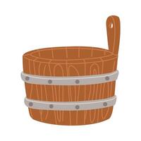 A flat illustration of a wooden barrel with a handle for a bath. Wooden water vats, rustic baths, wooden basin, handmade round barrel for washing, sauna, spa or wine storage bowls, neat vector