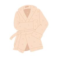 Terry bathrobe for bathing and showering, flat illustration highlighted on a white background. A delicate warm fluffy bathrobe or robe-cape with a belt. Flat illustration with doodle lines vector