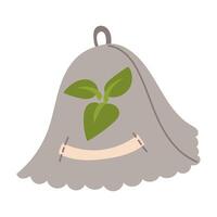 grey hat for a bathhouse with drawings of leaves. A head accessory for saunas, baths, steam rooms. The headdress is warm when steaming for a bath, an isolated object. Flat color illustration vector