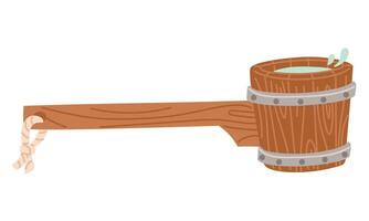 flat illustration of a wooden ladle with a handle and water for a bath. Wooden water vats, rustic baths, wooden ladle, round barrel with handmade washing, bowls for sauna, spa or storage, neat vector