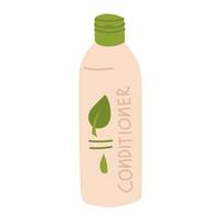 Cosmetics for hair care, highlighted on a white background. Conditioner for washing hair, flat illustration. flat elongated bottle with a name and leaves. Beige shape with the addition of green vector