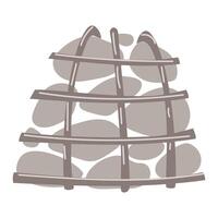 baths and saunas stove made of stones in a grid to create steam. an isolated object made of metal and a handful of stones. Equipment for baths, saunas, high temperature, humidity. Flat art of doodles. vector