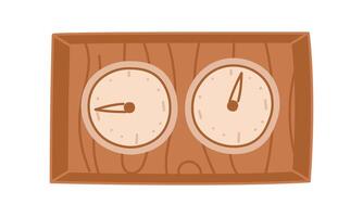A flat rectangular wooden sauna thermometer with two dials for a hygrometer. An object for measuring pressure and temperature in a steam room, steam room, sauna. Wooden board with dials. Watch vector