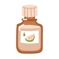 Essential oil, aromatic citrus oil. A bottle of dark amber glass, a light liquid and a label with a slice of lime and a drop, highlighted on a white background. illustration in a flat style. vector
