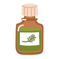 Essential oil, aromatic pine oil. sparkling fragrance. bottle made of dark amber glass, a green liquid and a label with a fir branch, highlighted on a white background. Illustration in a flat style. vector