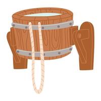 A flat illustration of a wooden barrel with a rope for a bath. Wooden vats with cold water, rustic baths, wooden basin, round handmade barrel for washing, sauna, spa or wine storage bowls, neat vector