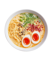 Hot bowl of spice ramen soup with noodles and tofu, egg in rich broth on isolated cut on transparent background. Japanese ramen soup with enoki mushrooms, wakame seaweed and green onions, Asian food. png