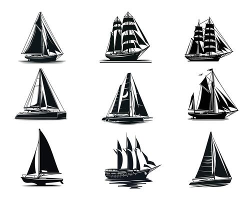 Set of Sailing Boat illustration, Sailing Boat silhouettes Clipart Design