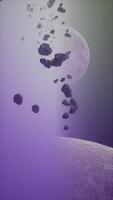 a large cluster of asteroids near an unknown planet, vertical video