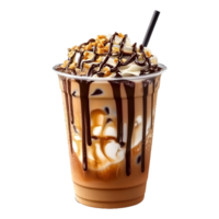 Cup of Refreshing Iced Coffee with Caramel and Chocolate Drizzle, Perfectly Isolated on a Transparent Background for Branding or Social Media png
