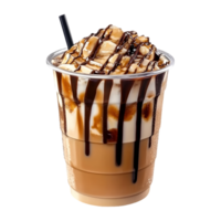 Delicious Iced Coffee Drink with Caramel and Chocolate Topping, Isolated on Transparent Background, Ideal for Social Media and Product Marketing png