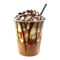 Delicious Iced Coffee with a Swirl of Caramel and Chocolate Topping, Isolated on Transparent Background, Perfect for Product Banner png