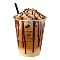 Cup of Indulgent Iced Coffee Drizzled with Chocolate and Caramel, Perfect for Product Marketing, Social Media Posts, Isolated on Transparent Background png