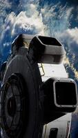 Unidentified alien spaceship flying in space, vertical video