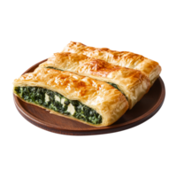 Turkish Borek Flaky Pastry Isolated on Transparent Background Perfect for Product Banners, Social Media Posts, and Marketing Campaigns Featuring Appetizing Spinach and Cheese Filling. png