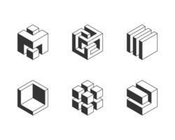Black and white Cube logo, geometric design. Set box logotype company, trendy techno emblem in isometric 3D style. vector