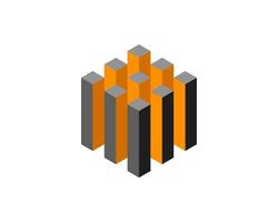 Cube logo, geometric design. Box logotype company, trendy tech emblem in pixel style. vector