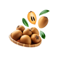 Sapodilla fruits with fallen slices on transparent background png