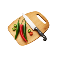 Wooden chopping board and knife with red and green chili on transparent background png