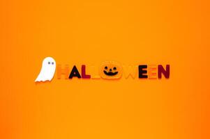 Halloween background with gel stickers of white ghost sheet and alphabets on orange background. Minimal concept. photo
