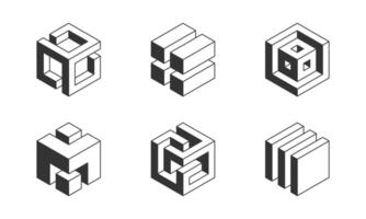 Black and white Cube logo, geometric design. Set box logotype company, trendy techno emblem in isometric 3D style. vector