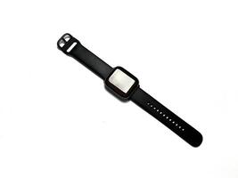 Black smart watch isolated on white background. Smartwatch with black strap Copy space for text. photo