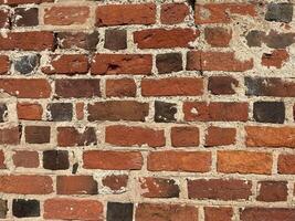 Brick wall with a mix of reddish-brown and darker bricks. The wall has a rustic texture and shows signs of age, ideal for creative projects like interior design or backgrounds photo
