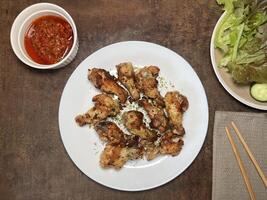 Fried chicken thighs sprinkled with onions and parsley on a white plate served with tomato sauce, cucumber and lettuce photo