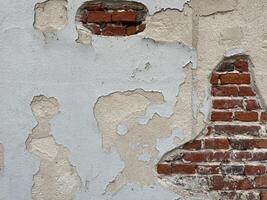 A weathered wall with peeling white plaster, revealing patches of red brick underneath. The plaster is cracked and chipped in several places, creating a textured and aged appearance. photo