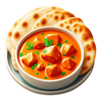 Indian Butter Chicken with Naan Bread. 3D Butter Chicken. Authentic 3D Realistic Food Icon. Creamy Tomato-Based Curry with Tender Chicken and Soft Naan. Indian Street Food Menu 3D Icon. Indian Food. png
