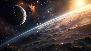 Planets twirl around a distant star, their orbits creating a mesmerizing dance against a backdrop of swirling nebulae and starlight. video
