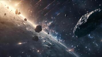 An asteroid belt, showcasing the raw power and beauty of the universe's building blocks while highlighting the dynamic nature of celestial objects in interstellar space. video