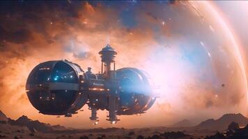 Futuristic space station floating above an alien world, capturing the concept of advanced space exploration, cosmic engineering, and the wonders of intergalactic travel. video