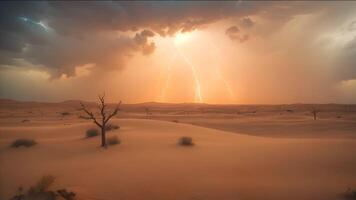 Lightning strikes illuminate the arid landscape of a vast desert, casting dramatic shadows across the sand dunes. video