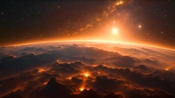 A new day breaks over Earth as seen from orbit, with the sun's rays painting the atmosphere in vibrant hues of orange and gold. video