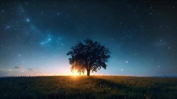 Captivating view of the Milky Way and twinkling stars over a silhouetted tree, blending nature and the night sky in a scene of awe-inspiring cosmic wonder video