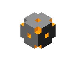 Cube logo, geometric design. Box logotype company, trendy tech emblem in pixel style. vector