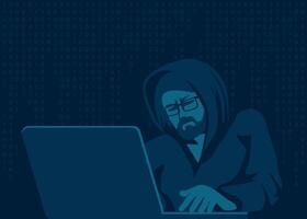 A hacker with a laptop breaks a computer code. illustration. vector