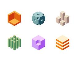 Cube logo, geometric design. Set box logotype company, trendy techno emblem in isometric 3D style. vector