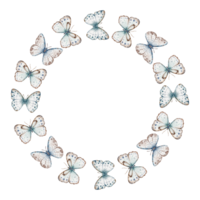 Watercolor Wreath with flying butterflies. Hand drawn illustration with insect for postcards template with space save the date. Drawing of circular Frame on isolated background. png
